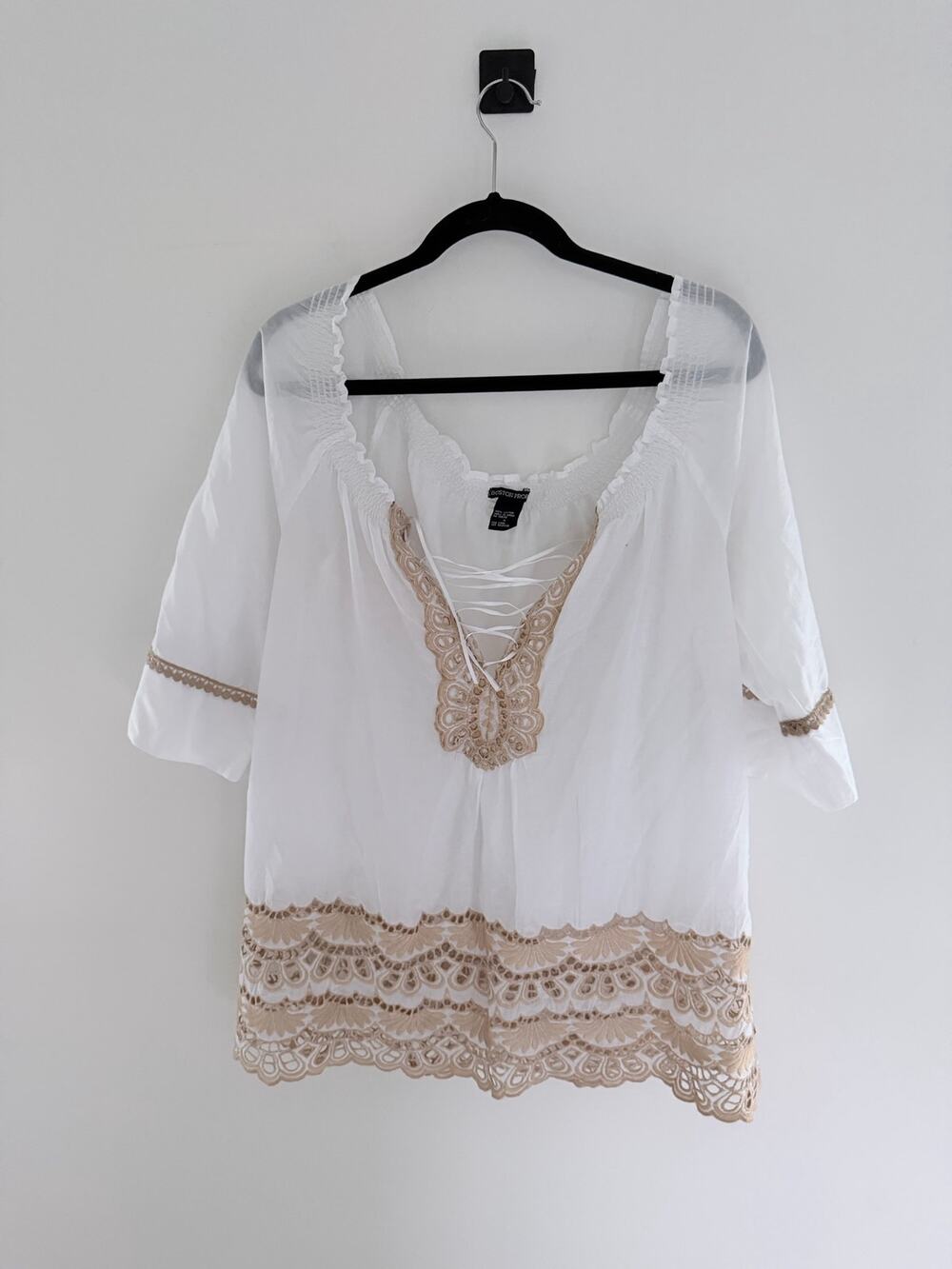 Boston Proper Sheer White Boho Smock Lace Embroidery Top-Size S